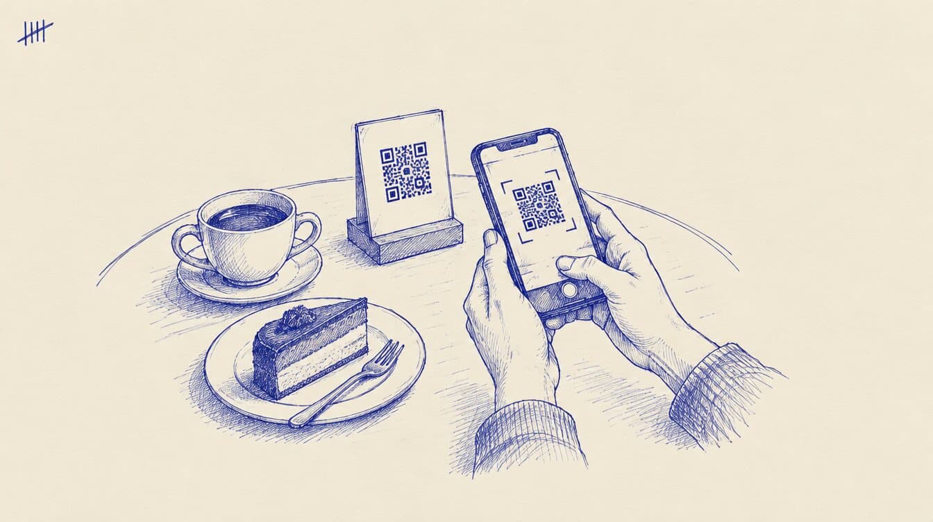 Host načítá telefonem QR kód na stole v bistru